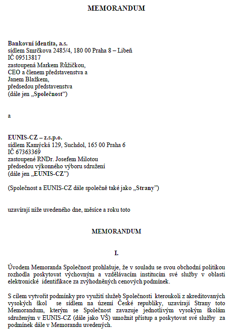 Podepsáno memorandum mezi EUNIS-CZ a společností Bankovní identita, a.s.