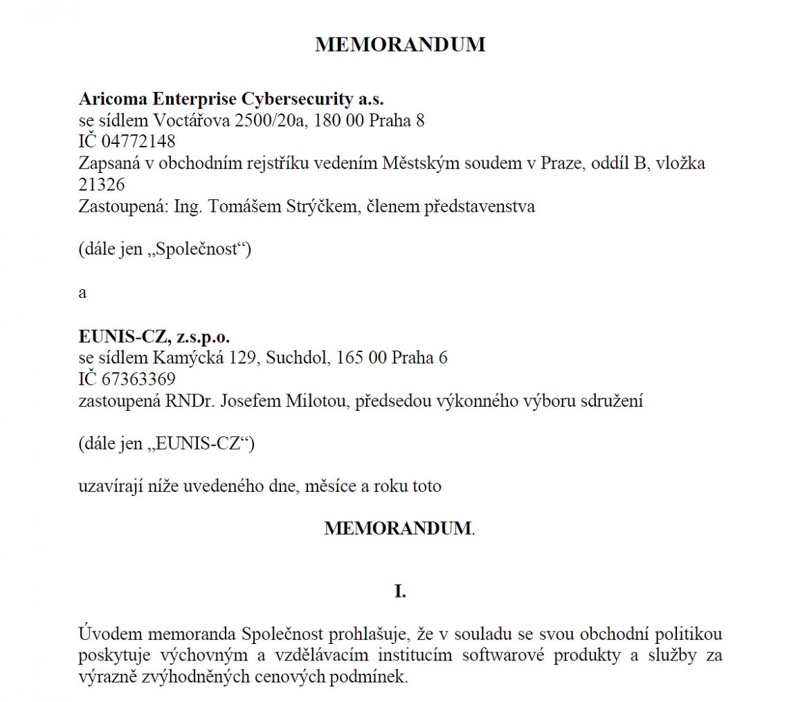 Podepsáno memorandum mezi EUNIS-CZ a společností Aricoma Enterprise Cybersecurity a.s.