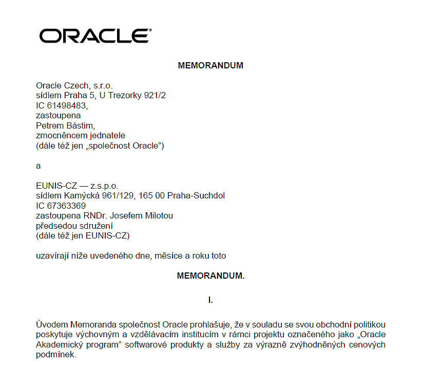 Prodlouženo memorandum na nákup produktů Oracle