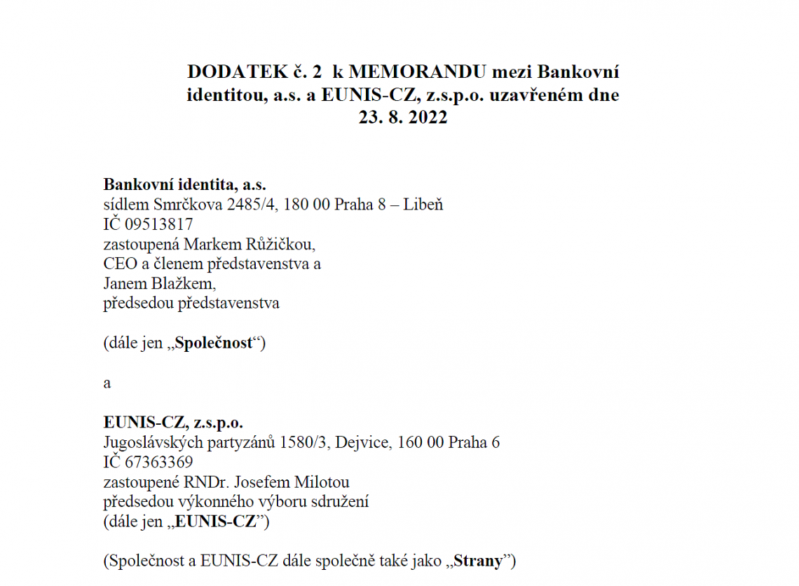 Podepsán dodatek č. 2 k memorandu mezi EUNIS-CZ a společností Bankovní identita, a.s.